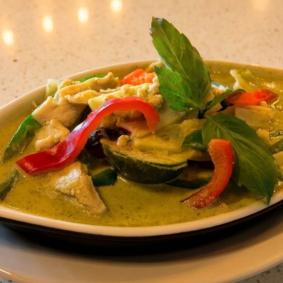 Green curry with chicken, red bell peppers, and basil in a white bowl on a speckled table.