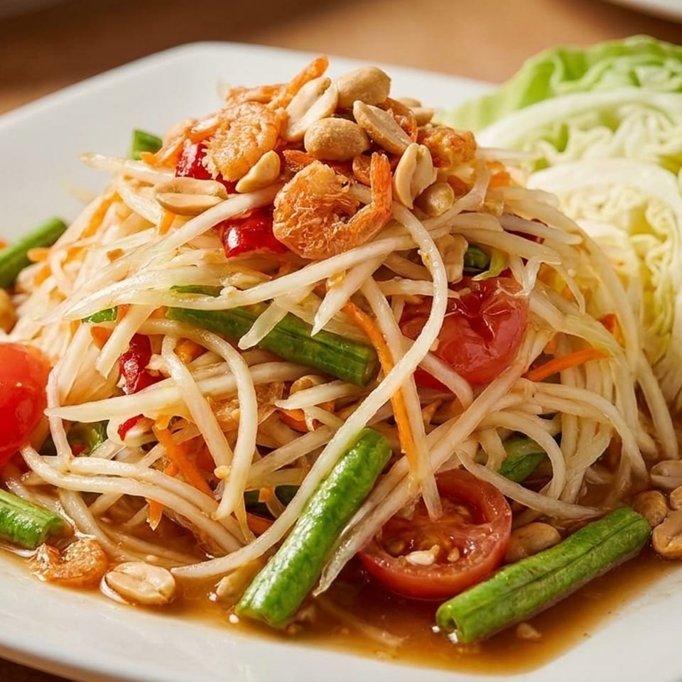 Som Tum, a Thai green papaya salad with peanuts, dried shrimp, tomatoes, and green beans.