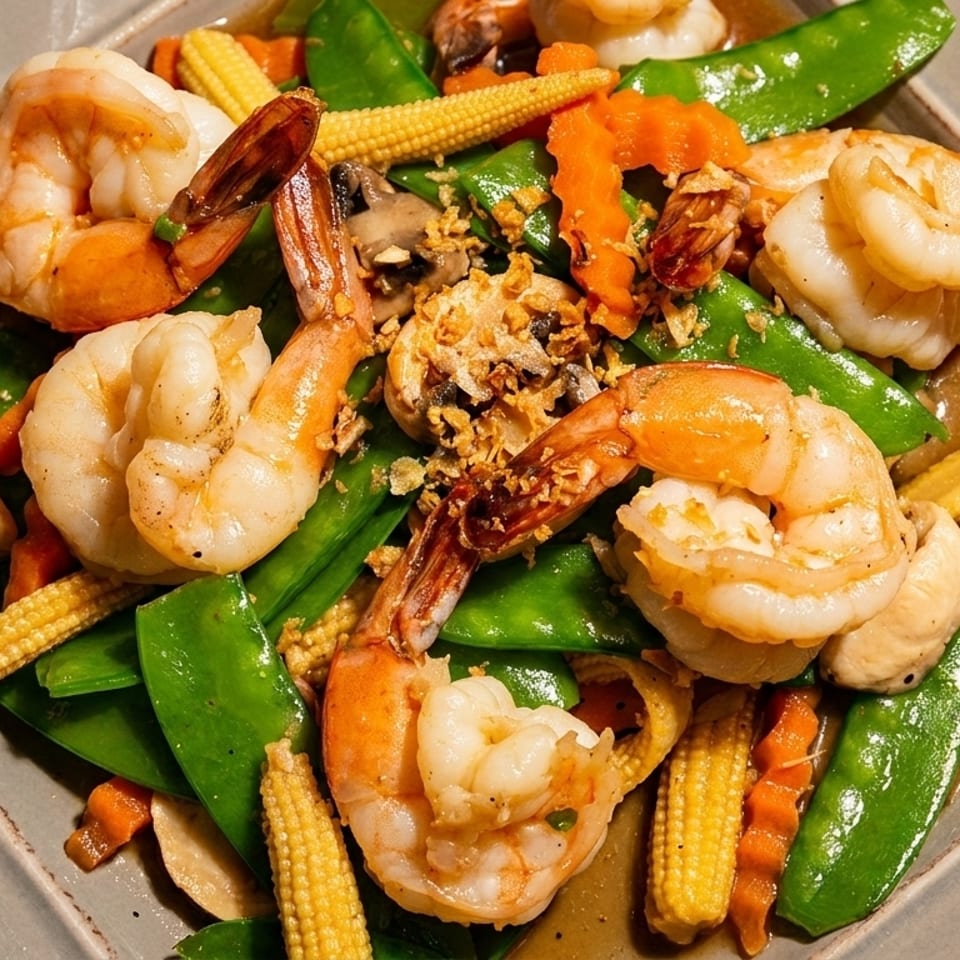 Shrimp stir-fry with snow peas, baby corn, carrots, and mushrooms in a savory sauce.