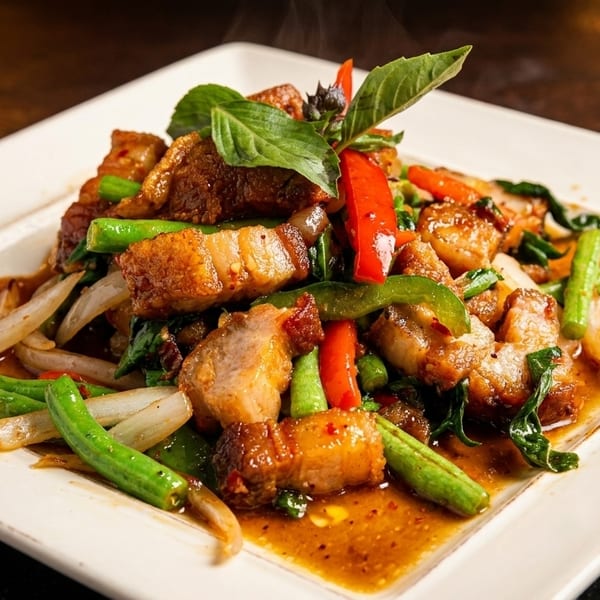 Crispy pork belly stir-fry with green beans, onions, bell peppers, and basil on a white plate.